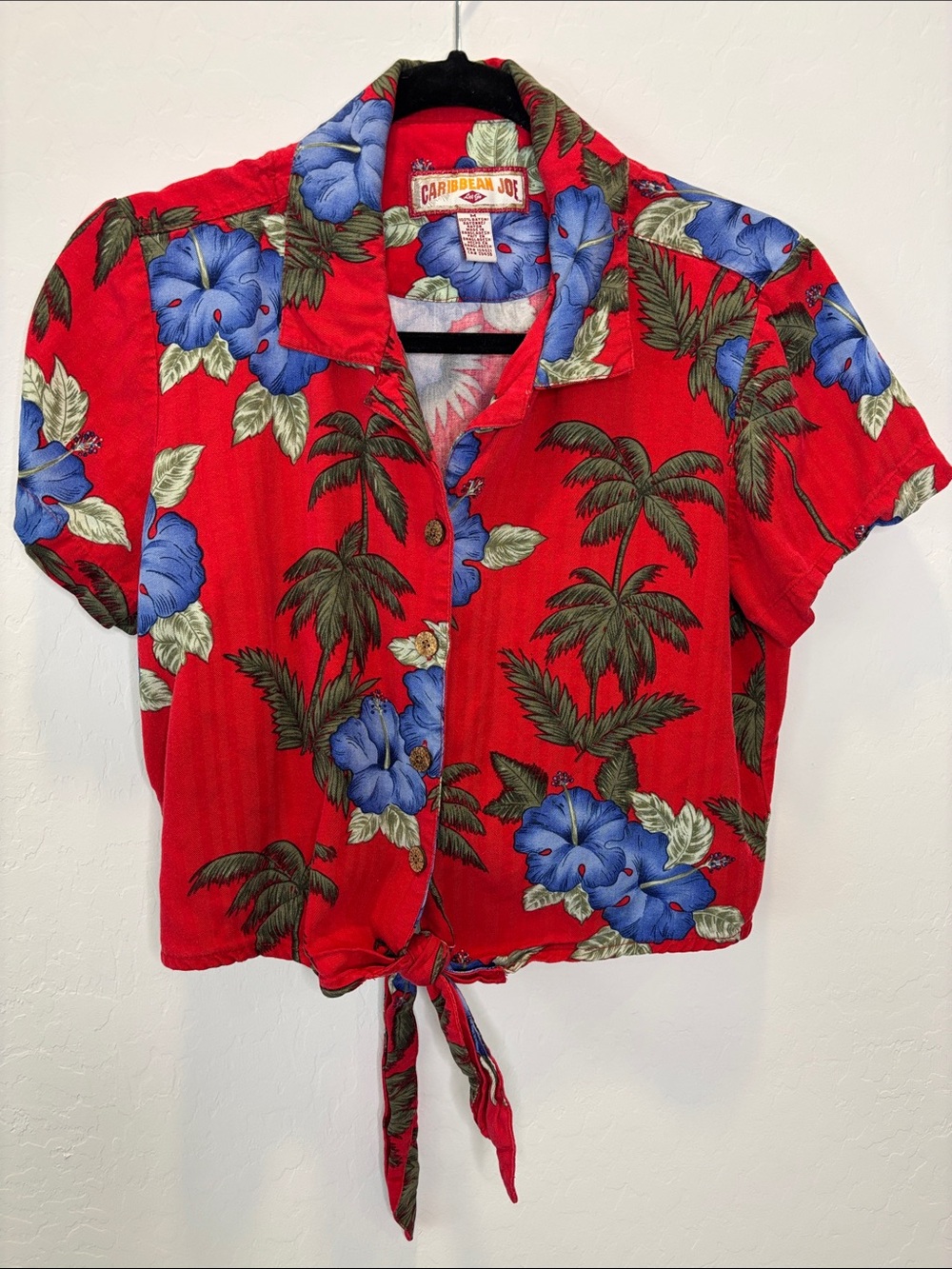 Caribbean Joe Red Shirt with Blue Floral Tie-Front